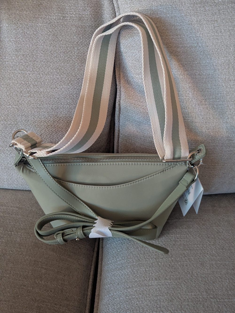 Sage Green Crossbody Bag with Striped Canvas Strap